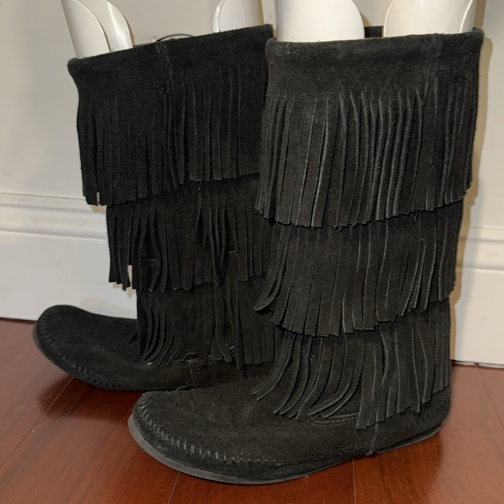 Minnetonka Women's 3-Layer Fringe Boot, Black - P… - image 3